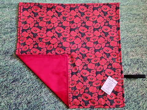 Black with Red Poppy Flower Print Handmade Waterproof Base Sit Mat - Great for Picnics