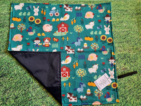 Teal with Farm / Garden / Easter Print Handmade Waterproof Base Sit Mat - Great for Picnics