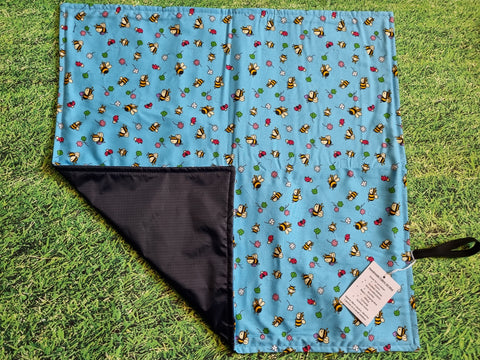 Blue with Bee / Bumblebee Print Handmade Waterproof Base Sit Mat - Great for Picnics