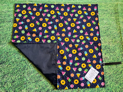 Navy Blue with Fruit & Ice Lolly Summer Print Handmade Waterproof Base Sit Mat - Great for Picnics