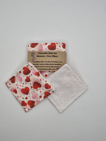 Set of 6 Red & Pink Heart Print Handmade Reusable Make Up Remover Pads