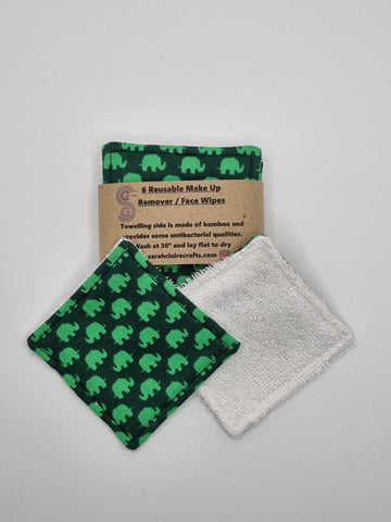 Set of 6 Green Elephant Print Handmade Reusable Make Up Remover Pads