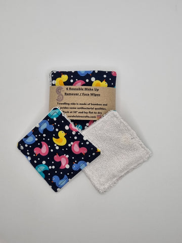 Set of 6 Navy Blue with Multicolour Rubber Duck Print Handmade Reusable Make Up Remover Pads