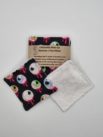 Set of 6 Black with Creepy Eyeball Halloween Print Handmade Reusable Make Up Remover Pads