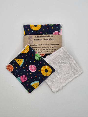 Set of 6 Navy Blue with Summer Fruit & Lolly Print Handmade Reusable Make Up Remover Pads