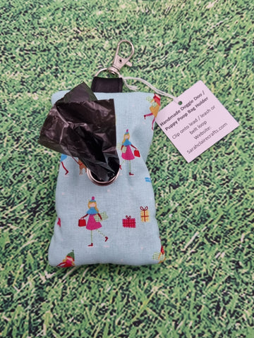 Pale Turquoise Blue with Lady Shopping Winter Christmas Print Handmade Doggie Doo / Puppy Poop Bag Holder Pouch