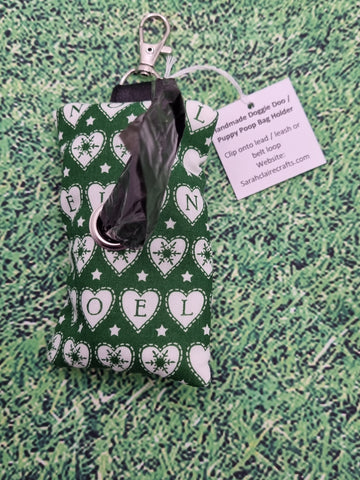 Green with NOEL Heart Christmas Print Handmade Doggie Doo / Puppy Poop Bag Holder Pouch