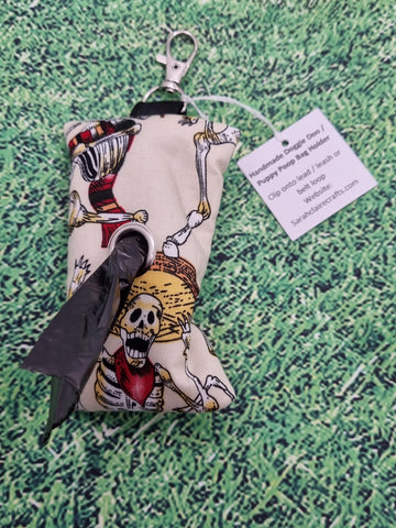 Cream with Fun Skeleton Mexican Theme Print Handmade Doggie Doo / Puppy Poop Bag Holder Pouch