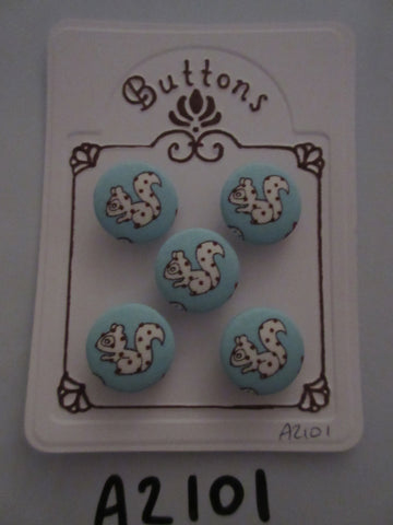 A2101 Lot of 5 Handmade Blue with White & Brown Dot Squirrel Fabric Covered Buttons