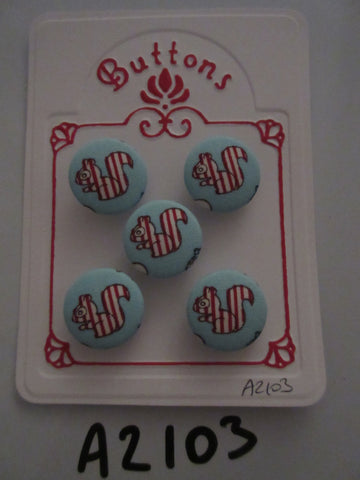A2103 Lot of 5 Handmade Blue with White & Red Striped Squirrel Fabric Covered Buttons