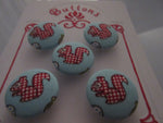 A2104 Lot of 5 Handmade Blue with White & Red Hatched Squirrel Fabric Covered Buttons