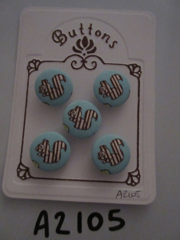 A2105 Lot of 5 Handmade Blue with White & Brown Striped Squirrel Fabric Covered Buttons