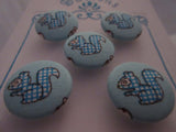 A2106 Lot of 5 Handmade Blue with White & Blue Hatched Squirrel Fabric Covered Buttons