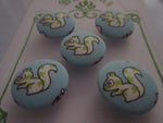 A2111 Lot of 5 Handmade Blue with White & Green Stars Squirrel Fabric Covered Buttons