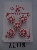 A2118 Lot of 5 Handmade White with Red Flower Like Detail Fabric Covered Buttons