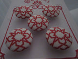 A2118 Lot of 5 Handmade White with Red Flower Like Detail Fabric Covered Buttons