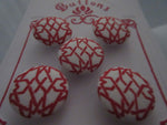 A2120 Lot of 5 Handmade White & Red Geometric Detail Fabric Covered Buttons