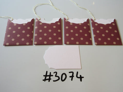 Set of 4 No. 3074 Dark Red with Cream Snowflakes Unique Handmade Gift Tags