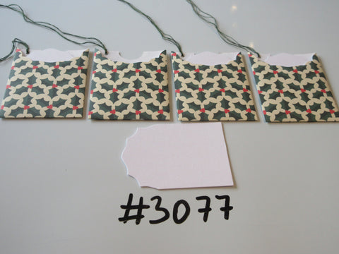 Set of 4 No. 3077 Cream with Holly & Berries Unique Handmade Gift Tags