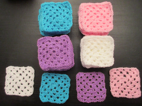 Set of 36 Handmade Crochet Squares - Pinks/Blues Block Colours