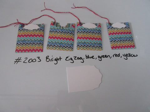 Set of 4 No.2003 Bright Zig Zag Blue, Green, Red, Yellow Unique Handmade Gift Tags