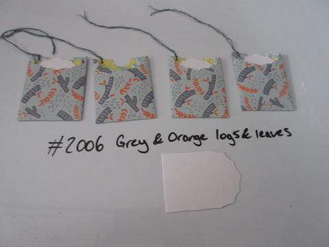 Set of 4 No.2006 Grey & Orange Logs & Leaves Unique Handmade Gift Tags