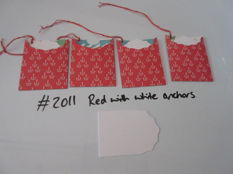 Set of 4 No.2011 Red with White Anchors Unique Handmade Gift Tags