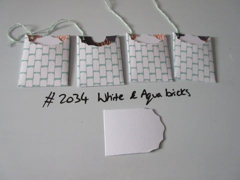 Set of 4 No.2034 White & Aqua Bricks Unique Handmade Gift Tags