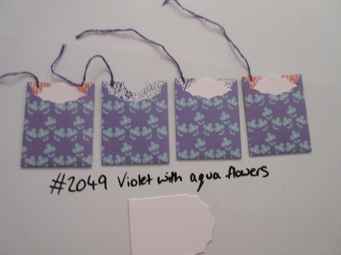 Set of 4 No.2049 Violet with Aqua Flowers Unique Handmade Gift Tags