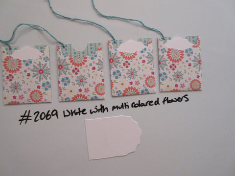 Set of 4 No.2069 White with Multi Coloured Flowers Unique Handmade Gift Tags