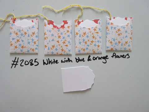 Set of 4 No.2085 White with Blue & Orange Flowers Unique Handmade Gift Tags