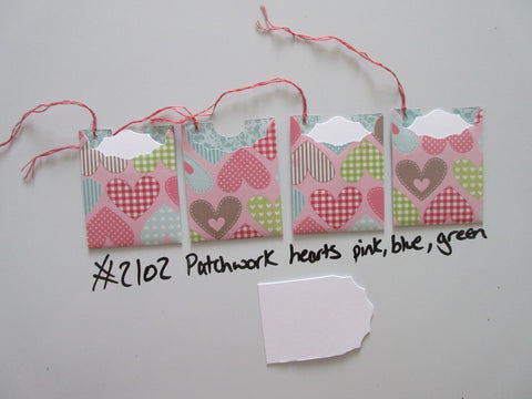 Set of 4 No.2102 Patchwork Hearts Pink, Blue, Green Unique Handmade Gift Tags