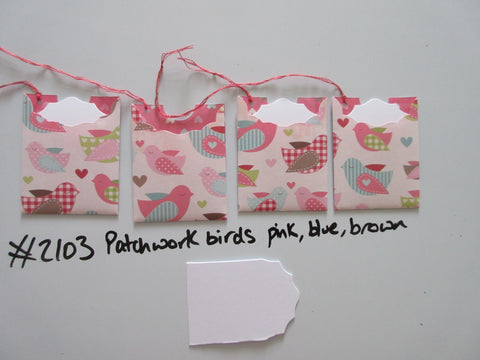 Set of 4 No.2103 Patchwork Birds Pink, Blue, Green Unique Handmade Gift Tags