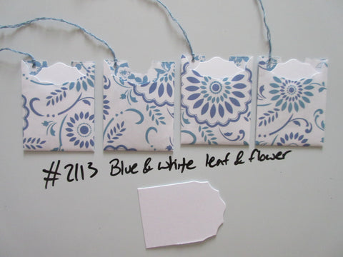 Set of 4 No.2113 Blue & White Leaf & Flower Unique Handmade Gift Tags