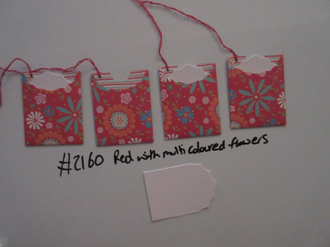 Set of 4 No.2160 Red with Multi Coloured Flowers Unique Handmade Gift Tags