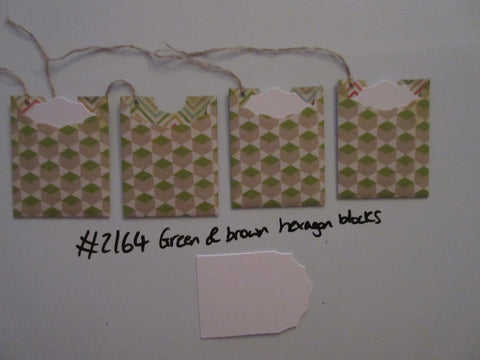 Set of 4 No.2164 Green & Brown Hexagon Blocks Unique Handmade Gift Tags