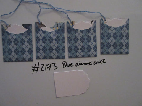 Set of 4 No.2173 Blue Diamond Check Unique Handmade Gift Tags