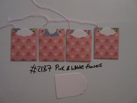 Set of 4 No.2187 Pink & White Flowers Unique Handmade Gift Tags