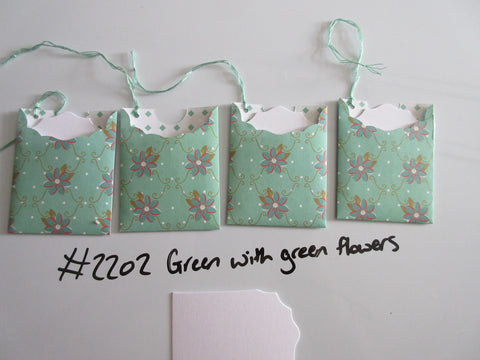 Set of 4 No.2202 Green with Green Flowers Unique Handmade Gift Tags