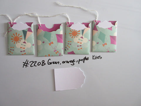 Set of 4 No.2208 Green, Orange, Purple Kites Unique Handmade Gift Tags