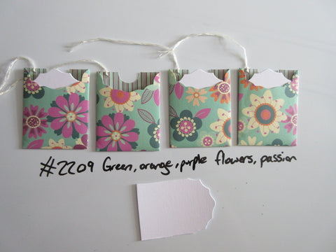 Set of 4 No.2209 Green, Orange, Purple Flowers, Passion Unique Handmade Gift Tags