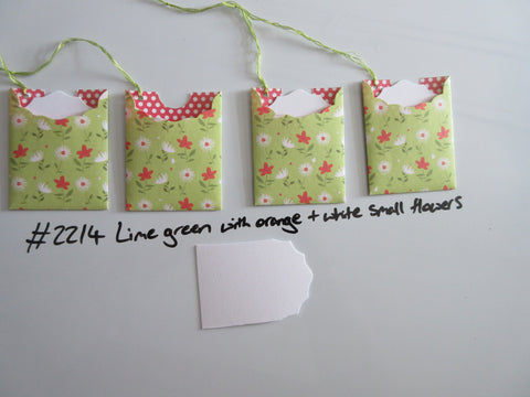 Set of 4 No.2214 Lime Green with Orange & White Small Flowers Handmade Gift Tags