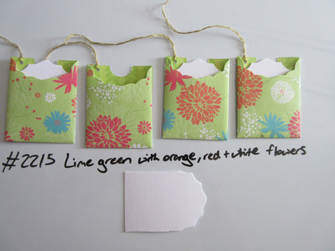 Set of 4 No.2215 Lime Green with Orange, Red & White Flowers Handmade Gift Tags