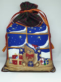 Handmade Christmas Teddy Bear Window Scene Fabric Drawstring Gift Bag / Pouch