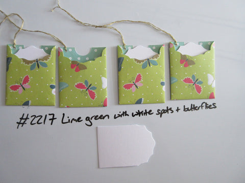 Set of 4 No.2217 Lime Green with White Spots & Butterflies Handmade Gift Tags