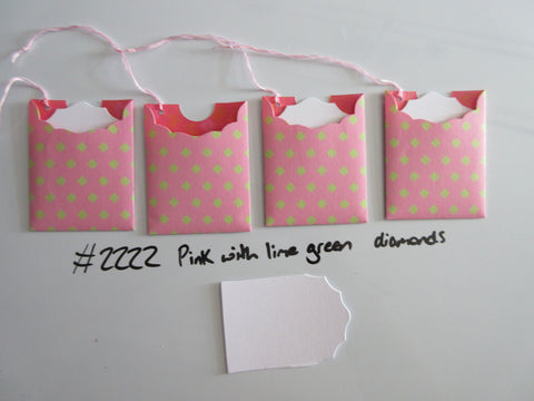 Set of 4 No.2222 Pink with Lime Green Diamonds Handmade Gift Tags