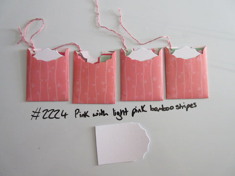 Set of 4 No.2224 Pink with Light Pink Bamboo Stripes Unique Handmade Gift Tags