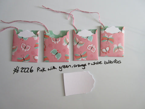 Set of 4 No.2226 Pink with Green, Orange & White Butterflies Handmade Gift Tags