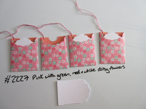 Set of 4 No.2227 pink with Green, Red & White Ditsy Flowers Handmade Gift Tags