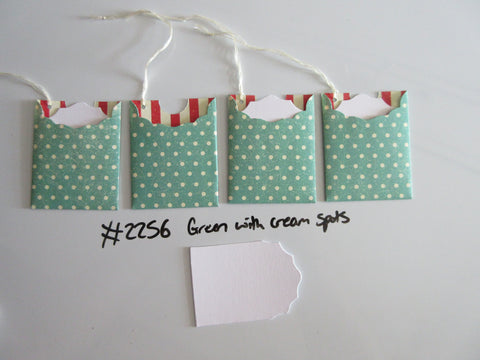 Set of 4 No.2256 Green with Cream Spots Unique Handmade Gift Tags